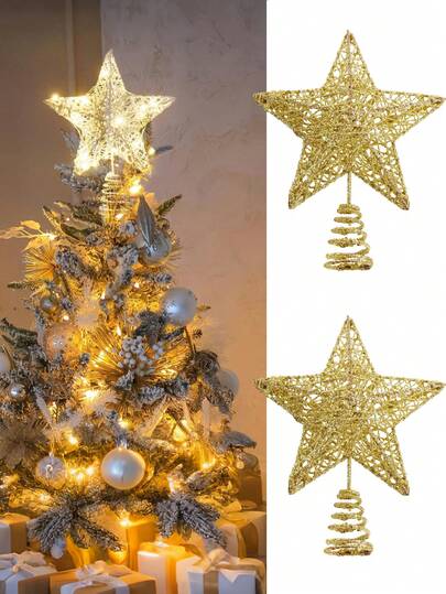1pc-Christmas Lighted Christmas Tree Topper Tree Topper Star, Glitter Christmas Tree Topper Decorations, 6.69 Inch Gold Christmas Tree Star With Warm White Fairy LED Lights For Home Christmas Tree Decorations Christmas Tree Star Topper Xmas Hollow Star Treetop Toppers Treetop Ornaments For Christmas Tree Holiday Decorations Christmas Decorations Home Christmas Gifts Christmas Decor