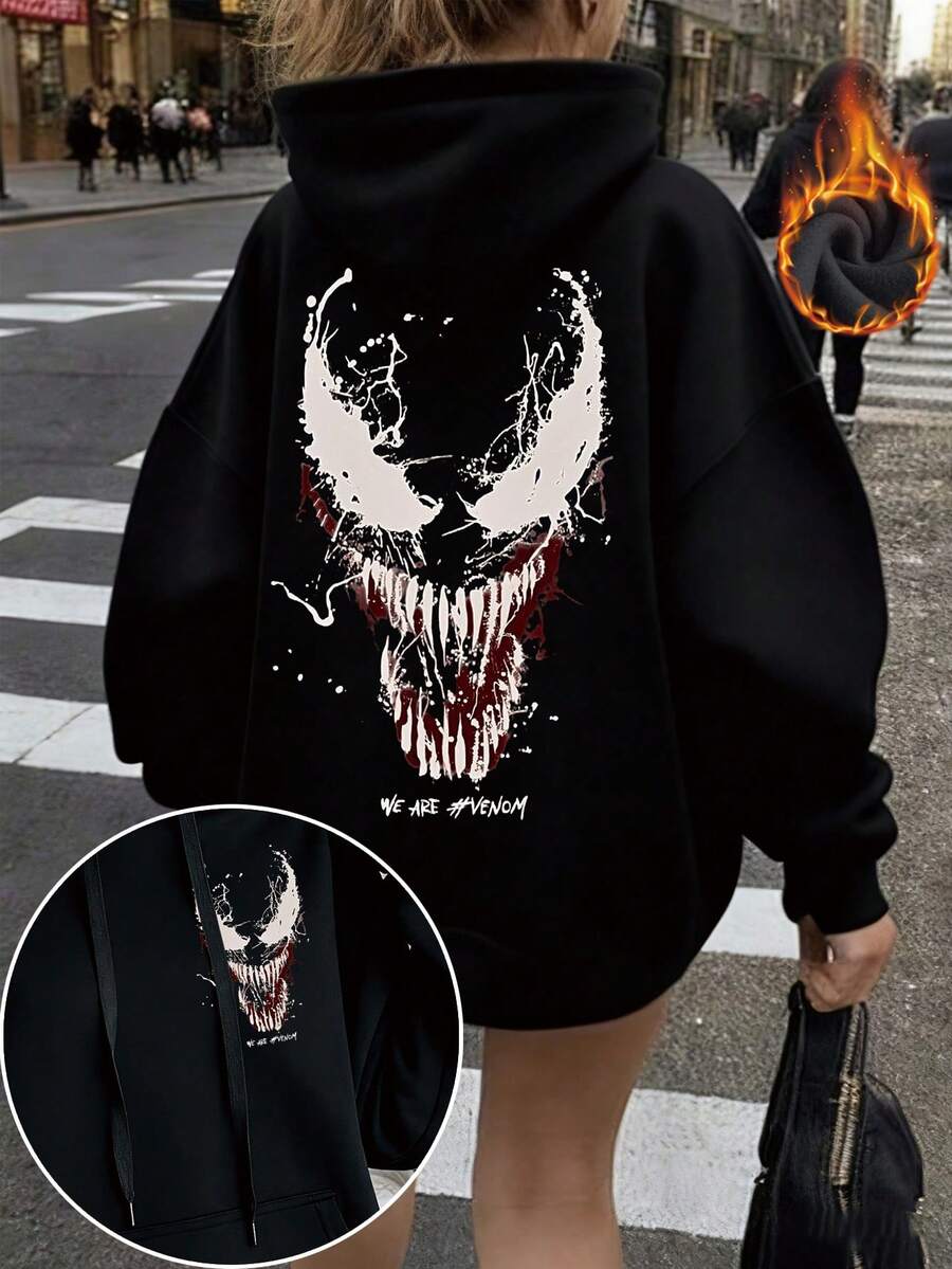 Marvel Damskie bluzki bawełniane, bluzki w stylu ulicznym z fajnym wzorem jadowitego zwierzęcia, czarne bluzy damskie z obniżonymi ramionami, grube, ciepłe, luźne bluzy z kapturem na jesień i zimę, odpowiednie na zimną pogodę - Czarne - Zobacz 1