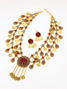 3pcs/Set 18K Gold Tassel Necklace, Earrings & Coin Jewelry Set, Multilayer Luxury Bridal Jewelry Gift Set For Wedding Party