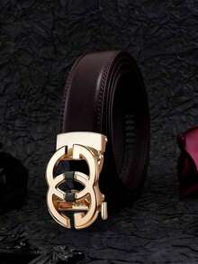 1 Piece Of Men's Letter Alloy Automatic-Buckle Adjustable Waist Belt. It Is A Carefully Selected Men's Light Luxury Business And Fashion Leather Belt, With A Length Of 120cm/47.24 Inches. Durable In Use, It Is Suitable For Daily Wear And Party Outfits, Applicable To Any Occasion. This Jeans Belt Is An Excellent Gift Choice. - Gold - View 20