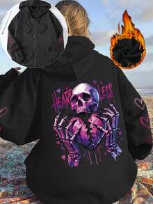Women's Daily Skull Skeleton Hands Broken Heart HEARTLESS Hearts Pattern Graphic Zip-Up Jacket Hooded Long Sleeve Jacket Casual Spring/Summer/Fall Long Sleeve Tops Women Halloween Going Out Tops Women,Vacation Outfits Women Black Long Sleeve Top,Cute Tops,Crop Top,Tops For Women - Black - View 3