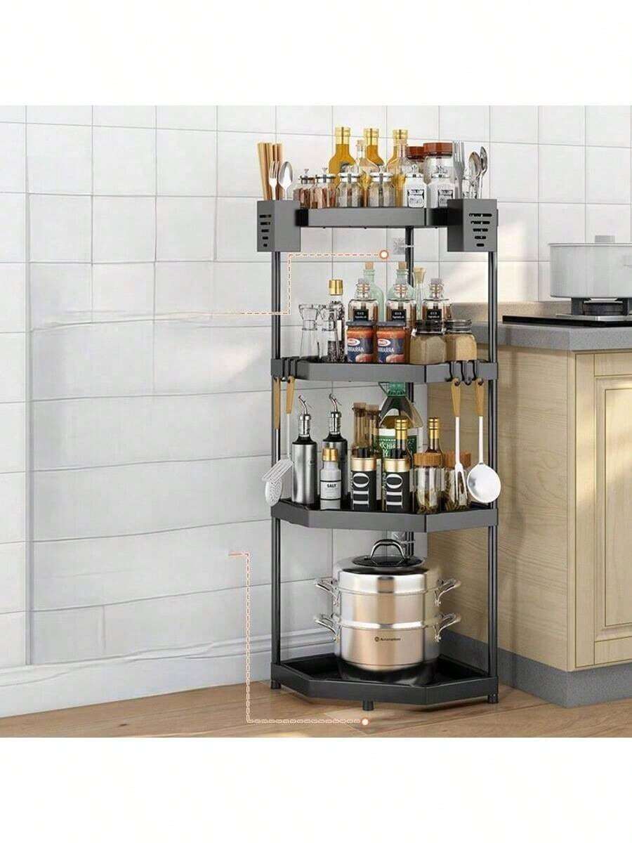 A Kitchen Shelf Countertop Corner Triangle Spice Rack Corner Pendant Corner Storage Wall Hanging Free Punching Shelf - Black Four Layers - View 1