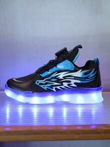 GUANGLAN USB Rechargeable 7-Color Lighting Kids Sports Shoes, Flashing Sneakers For Boys, Halloween & Christmas Gift, Rotary Buckle, Leather Upper, Suitable For Spring, Summer, Autumn, Winter, Cartoon, Toddler, Little Kid, Boys, Girls, Casual ShoeChunky Sneakers Shoes, Chunky Shoes, Black, Blue, Stylish, New, Glowing, Luminous Shoes, Baby Shoes, Street Dance Shoes, Neon Shoes - Blue - View 4