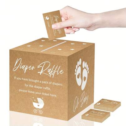 1pc Diaper Raffle Game Box And 20 Baby Shower Suggestion Cards - Great For Gender Reveals, Birthdays And Holiday Celebrations - Brown Cardboard With White Lettering, Includes "Thank You" Tags And Decorative Accessories, Baby Shower Decorations, Gender Reveal Party Supplies, Bridal Shower Favors, Party Decor, Fun Table Centerpieces And Boy/Girl Baby Shower Prizes, Baby Shower Party Decorations