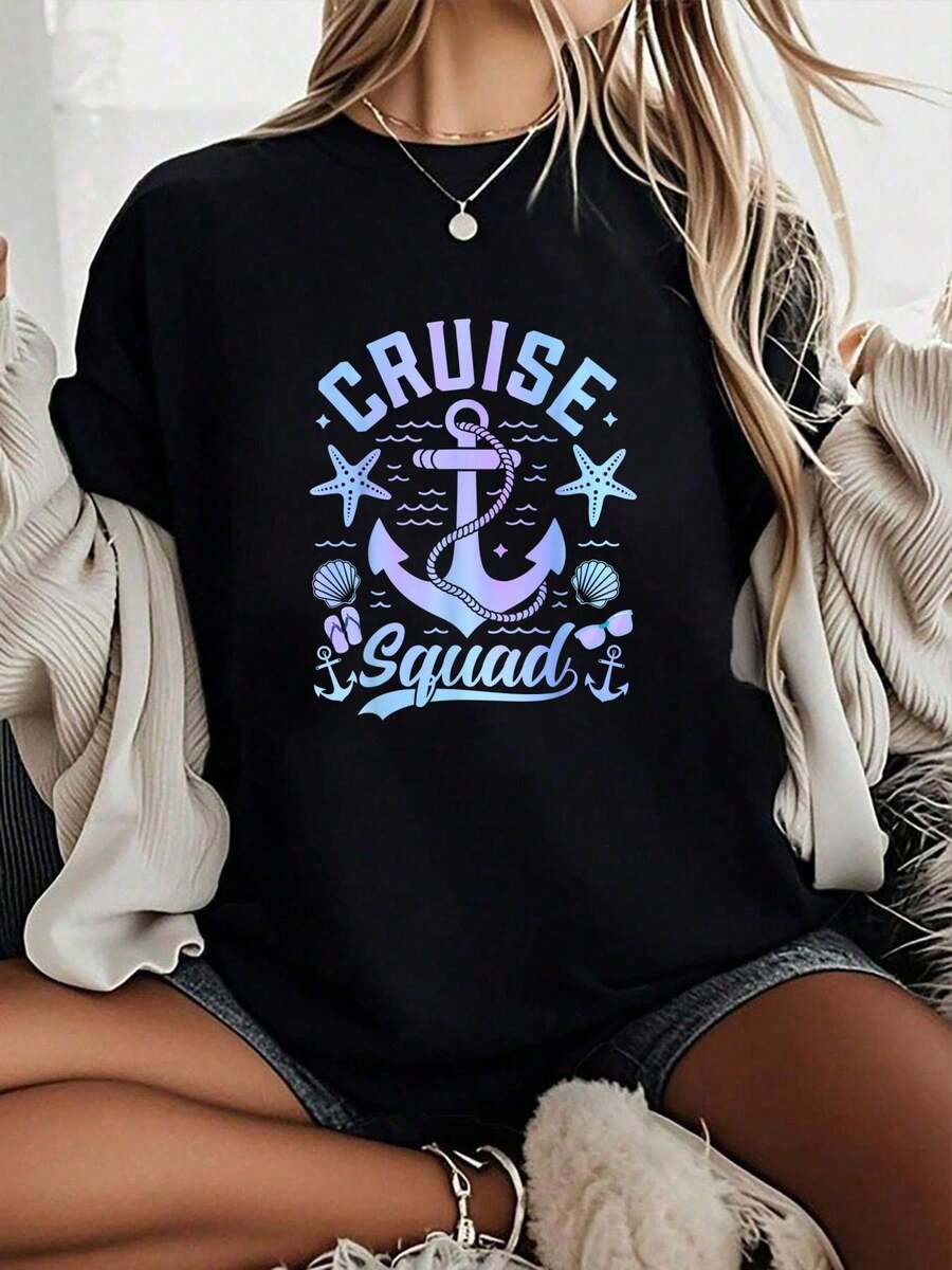 Cruise Squad 2026 Cruising Ship Vacation Travel Trip Tie Dye T-Shirt - 100% Short-Sleeved Crew Neck Casual Top, Suitable For All Seasons, Women's Wear - 黑色 - 查看 1