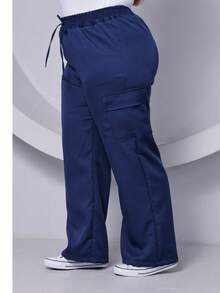 PLUS SIZE WIDE LEG HIGH WAIST PANTS WITH CARGO POCKET - Màu xanh hải quân - Xem 1