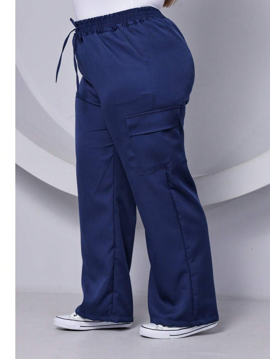 PLUS SIZE WIDE LEG HIGH WAIST PANTS WITH CARGO POCKET - Navy Blue - View 1