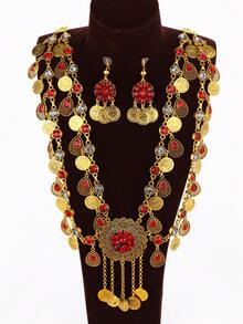 3pcs/Set 18K Gold Tassel Necklace, Earrings & Coin Jewelry Set, Multilayer Luxury Bridal Jewelry Gift Set For Wedding Party