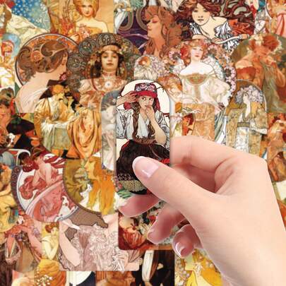 50 peças de adesivos decorativos de desenho animado feminino inspirados em Mucha vintage para laptop, tablet e copo