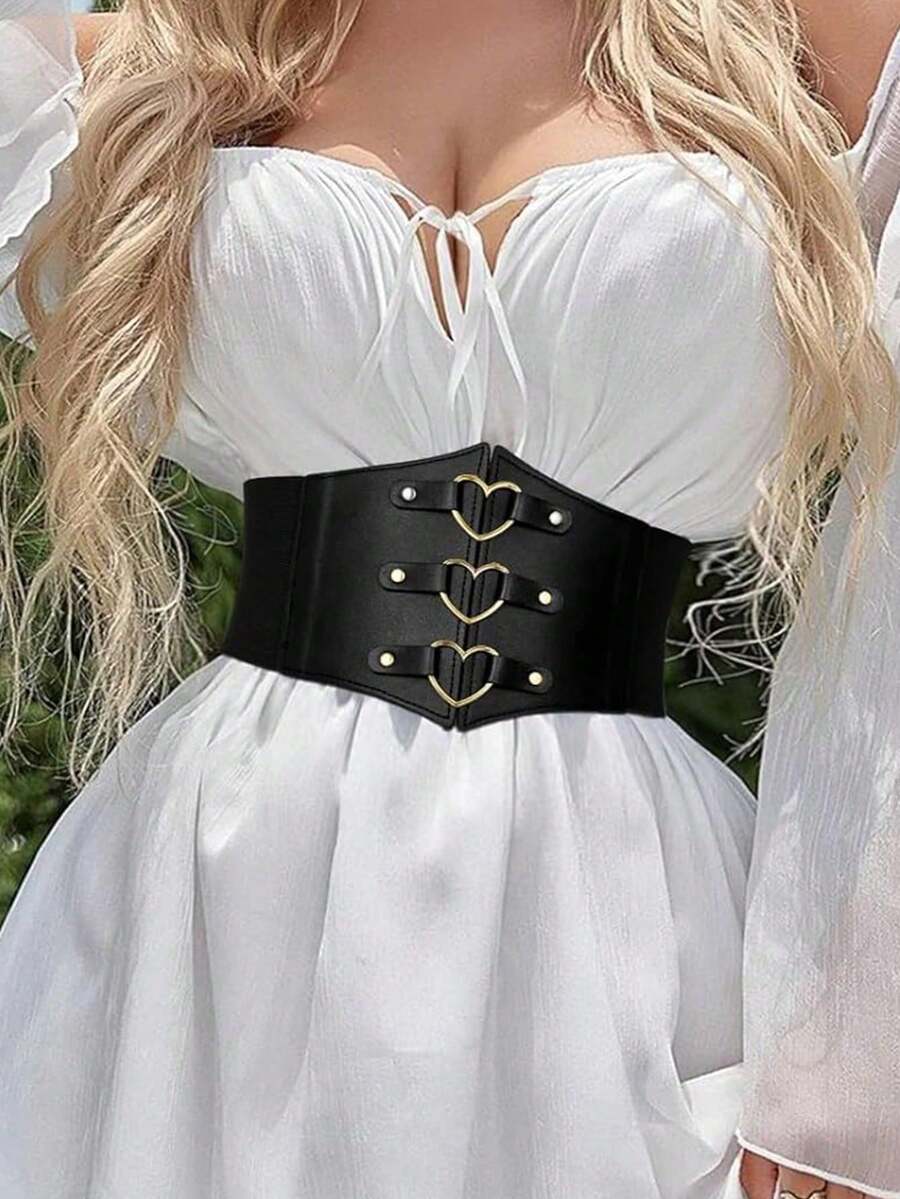 1 buah Sabuk Korset Elastis Kulit PU Gelap untuk Wanita dengan Dekorasi Cincin Bulat, Serbaguna untuk Halloween, Pakaian Renaissance - Hitam - View 1