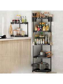 A Kitchen Shelf Countertop Corner Triangle Spice Rack Corner Pendant Corner Storage Wall Hanging Free Punching Shelf - Black Five Layers - View 2