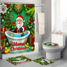 1pc/4pcs Green Christmas Shower Curtain Set: Santa Claus Bathtub Gift Theme, Elegant Housewarming Shower Curtain Gift, Modern Home Bathroom Decor Curtain, Shower Curtain With 12 Hooks, Non-Slip Bath Mat, U-Shaped Toilet Mat, Toilet Lid Cover, Bathroom Decor Set