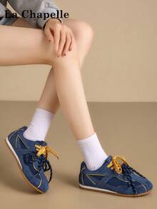 1 Pair La Chapelle Women's Thick Sole Lace-Up Soft Bottom Casual Shoes, Low-Top Outdoor Flat Shoes, Round Toe Low Heel Solid Color Elegant Soft Bottom Hiking Shoes Suitable For Students Taking Graduation Photos, Women Low-Top Leather Sports Skateboard Shoes - Blue - View 7