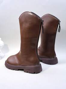 1 Pair Brown Girls' Tall Warm Thermal Lined Boots, Fashion Letter Print Anti-Slip Rubber Soft Sole Leather Patchwork Lining, Easy Pull-On Design, Round Toe Soft PU, Cute High-Top Princess Leather Boots, Suitable For 3-15 Years Old Girls, Casual, School, Holiday, Party, Autumn/Winter 2025 New - Brown - View 5