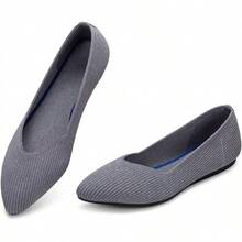 Womens Flat Shoes Classic Pointed Toe Flats Knitted Dress Shoes Soft Comfortable Dressy Flats Women - 灰色條紋 - 查看 12