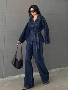 Women's Drop Shoulder Front Button Blue Denim 2 Pieces Set