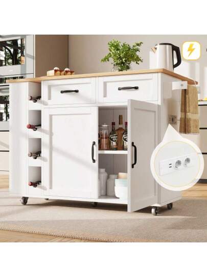 Kitchen Isl Cart Equipped Power Strip, Cabinet, Removable Serving Wine Rack, Buffet Dining Wood Grain, Wit