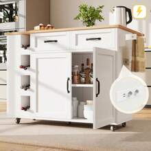 Kitchen Island, Kitchen Cart Equipped With Power Strip, Kitchen Cabinet, Removable Serving Cart With Wine Rack, Buffet Cabinet, Dining Cart With Wood Grain, Buffet Cabinet, White - White - View 1