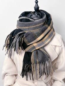 1pc 65*180cm Women's Stylis Two-Color Check, Long Tassels Scarf. Ponchos For Women, Scarfs, Scarves For Women, Scarf Winter, Fall Accessories, More Than Ninety Percent Of People Chose, Suitable For Dates, Casual And Formal Outings, Versatile Fashion Accessories, And Night Date Outfits.