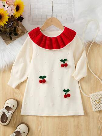 1 pieza Vestido de princesa con estampado de cerezas de primavera para niñas, vestido de suéter burdeos para niñas pequeñas