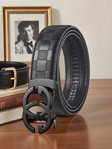 1 Piece Of Men's Letter Alloy Automatic-Buckle Adjustable Waist Belt. It Is A Carefully Selected Men's Light Luxury Business And Fashion Leather Belt, With A Length Of 120cm/47.24 Inches. Durable In Use, It Is Suitable For Daily Wear And Party Outfits, Applicable To Any Occasion. This Jeans Belt Is An Excellent Gift Choice. - Gold - View 3