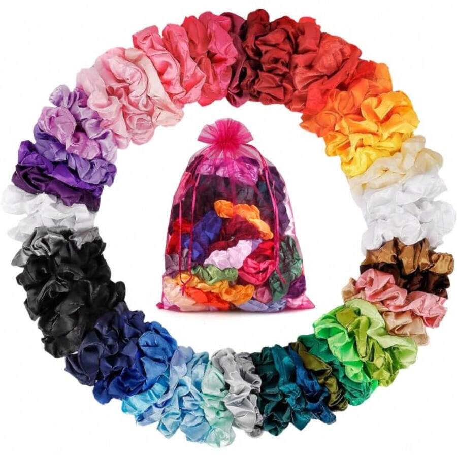 Satin Scrunchies For Women & Girls - 60 Pack Silk Scrunchies For Curly Hair - mặc định - Xem 1