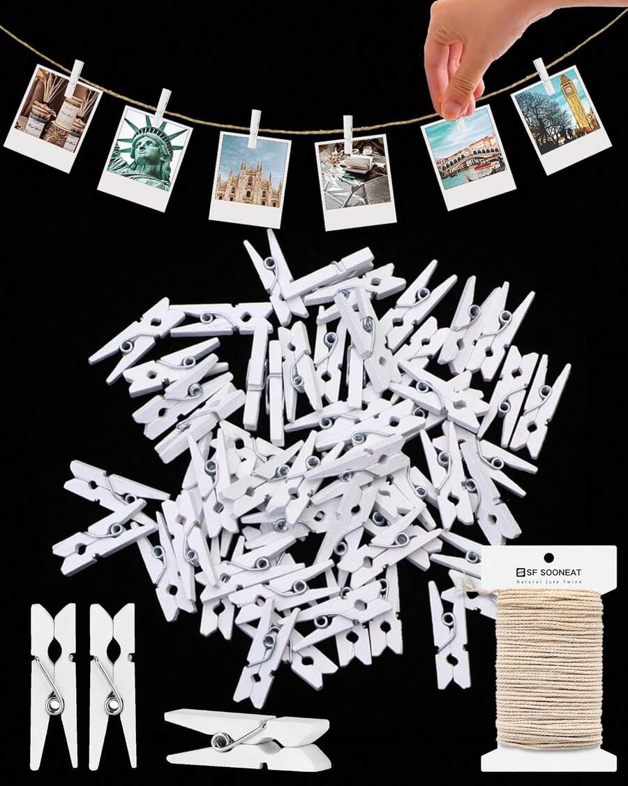 ALQD Clothes Pins Wooden Clothespins Photo 1 Inch 150 PCS Tiny Wood Clips Close Pins Clothing Hanging Classroom Crafts (Black) - White 150 Pcs - 查看 1