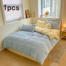1 件牛奶丝绒双面毛巾绣花条纹印花被套，1*被套，无填充物，亲肤，柔软舒适，线条简约 - 藍白色 - 查看 1
