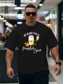 Men's "My Blood Type Is Pumpkin Fragrance" Graphic T-Shirt - Casual, Breathable, Loose Short Sleeve T-Shirt, Suitable For Summer Outdoor Activities, Outdoor Casual Wear |   Fun Print |   Comfortable Style, Machine Washable, Halloween, Christmas Gifts - Black - View 5