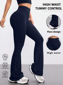 FWH Pantalones de yoga de cintura alta con diseño de pierna acampanada, elegantes y versátiles para uso casual, deportivo y al aire libre. Con bolsillos, efecto estilizador de caderas y abdomen, y alargador de piernas. - Azul Marino - Ver 2