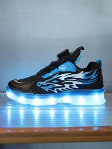 GUANGLAN USB Rechargeable 7-Color Lighting Kids Sports Shoes, Flashing Sneakers For Boys, Halloween & Christmas Gift, Rotary Buckle, Leather Upper, Suitable For Spring, Summer, Autumn, Winter, Cartoon, Toddler, Little Kid, Boys, Girls, Casual ShoeChunky Sneakers Shoes, Chunky Shoes, Black, Blue, Stylish, New, Glowing, Luminous Shoes, Baby Shoes, Street Dance Shoes, Neon Shoes - Blue - View 6