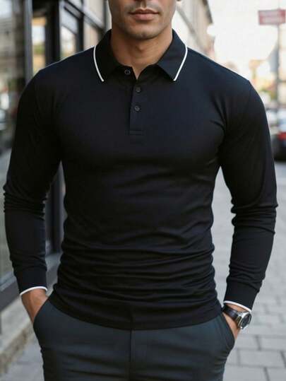 Men's Long Sleeve Solid Color Casual Slim Fit Polo Shirt, Autumn/Winter All-Match Tee
