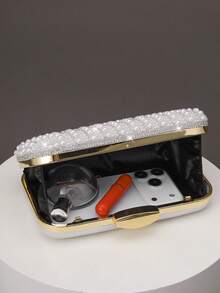 Túi cầm tay hình hộp họa tiết ngọc trai thanh lịch dành cho nữ, túi xách dạ hội, túi xách cưới lãng mạn, túi đựng váy dạ hội quyến rũ/tinh tế, ví hình hộp màu trắng sáng bóng, kèm dây đeo kim loại, lý tưởng làm quà tặng ngày lễ - trắng - Xem 6