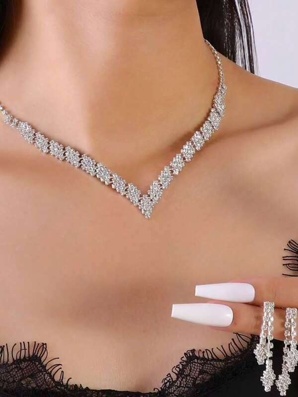 2pcs Elegant Rhinestone Rhombus Tassel Necklace And Earrings Jewelry Set, Fashion Accessories For Wedding, Bride, Evening Party