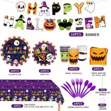170pcs Halloween Party Decorations Halloween Party Supplies Tableware Set Disposable Paper Tableware Set, Birthday Decorations, For Themed Party, Birthday Gift, Party Favor, Party Tableware, Disposable Food Tray, Birthday Cake Tray, Include Plates Paper Dessert Napkins Cups Tableware Cutlery Banner Tablecloth Party Kit For Happy Halloween Holiday Party Decorations - 南瓜幽靈 - 查看 4
