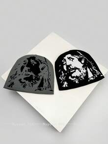 1 pieza Gorro de punto con diseño de retrato de rapero de otoño/invierno, accesorio de gorro con puño de estilo callejero estadounidense de hip hop unisex para mantener la cabeza caliente en invierno