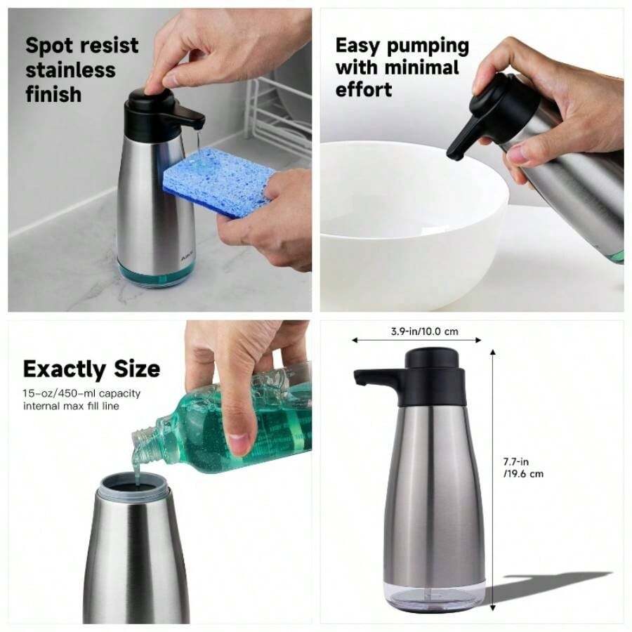 Dispensador de jabn lquido de Acero Inoxidable de 15 onzas lquidas para Platos y jabn de Manos - Acabado de acero inoxidable cepillado - Ver 1