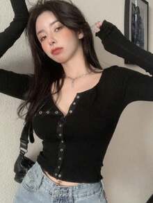 Women's Autumn Simple Solid Color Front Button Fitted Long Sleeve T-Shirt Casual Black Spring - Black - View 2