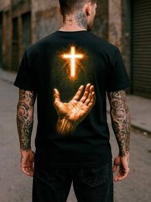 Men's T-Shirt With Cross And Praying Hand Print - 黑色 - 查看 1