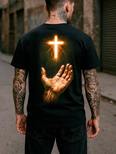 Camiseta Masculina Estampa Cruz e Mão em Oração