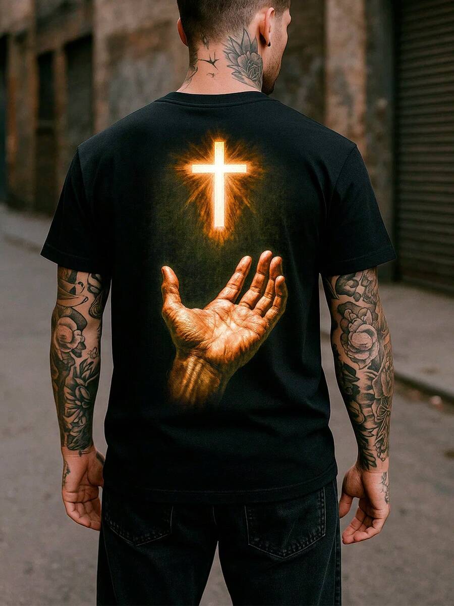 Men's T-Shirt With Cross And Praying Hand Print - 黑色 - 查看 1