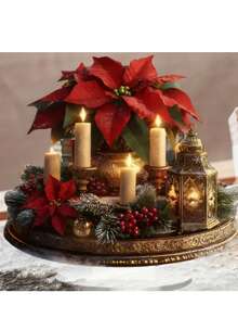 1pc Acrylic 2D Flat Christmas Centerpiece Decor - Holiday Candle Holder With Lit Candle, Poinsettia And Berries, Gold Accents, Suitable For Home And Office Decoration, Multipurpose Holiday Decor, No Power Required - Multicolor - View 1