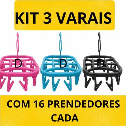Kit 3 Varais Calcinha Cueca Meias Com 16 prendedores Cores Sortidas Reforçado
