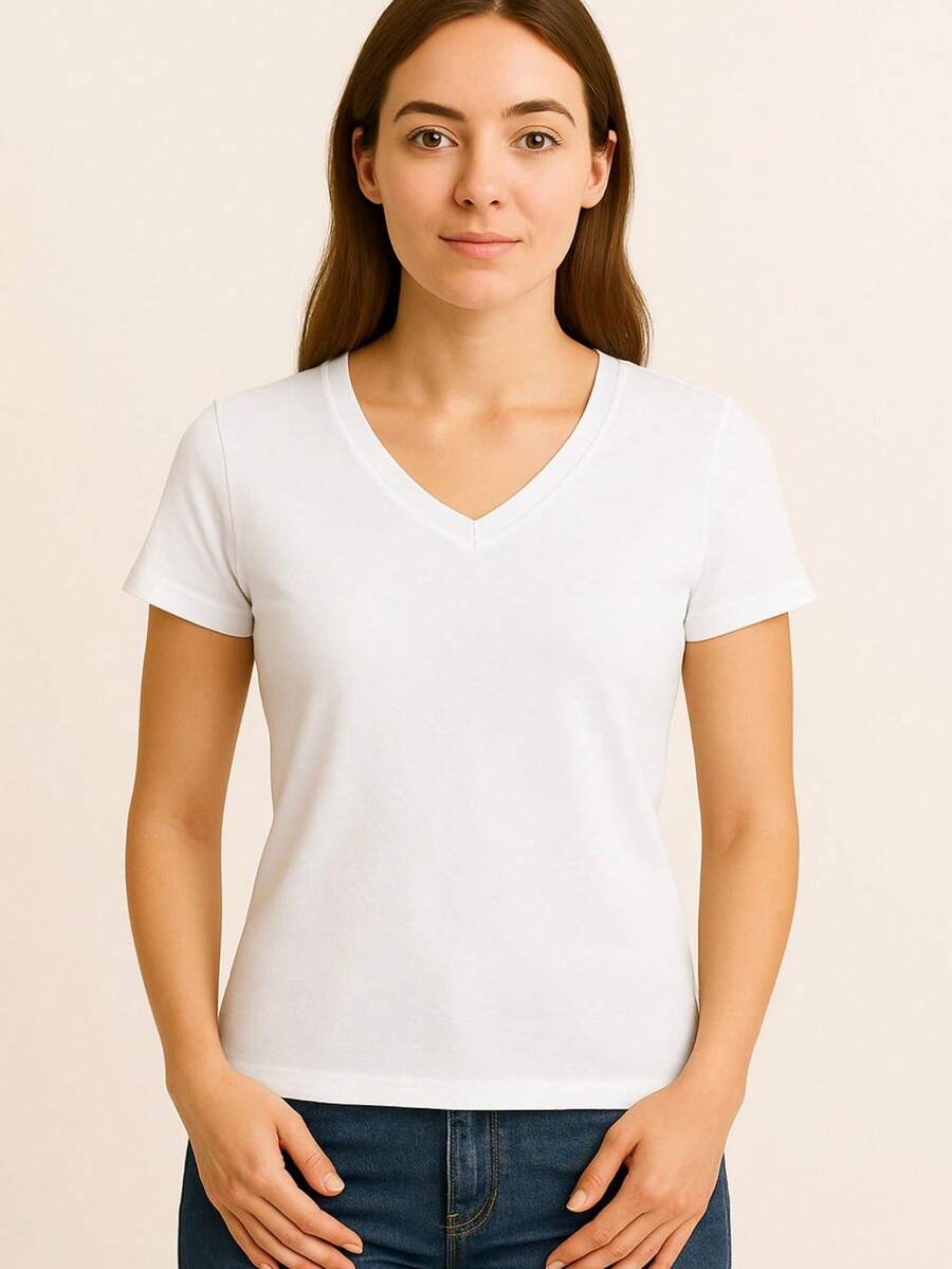 Women's Basic Short Sleeve V-Neck Blouse - White - View 1