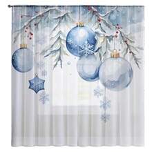 2 件蓝色圣诞球飘逸薄纱窗帘，适用于厨房、咖啡厅、客厅、餐厅、阳台、花园、卧室、咖啡店窗帘、室内窗帘、艺术设计、透明窗帘、印花设计、轻质材料、悬挂窗帘、装饰性纱布窗帘、咖啡店老板、节日装饰 - 彩色 - 查看 1