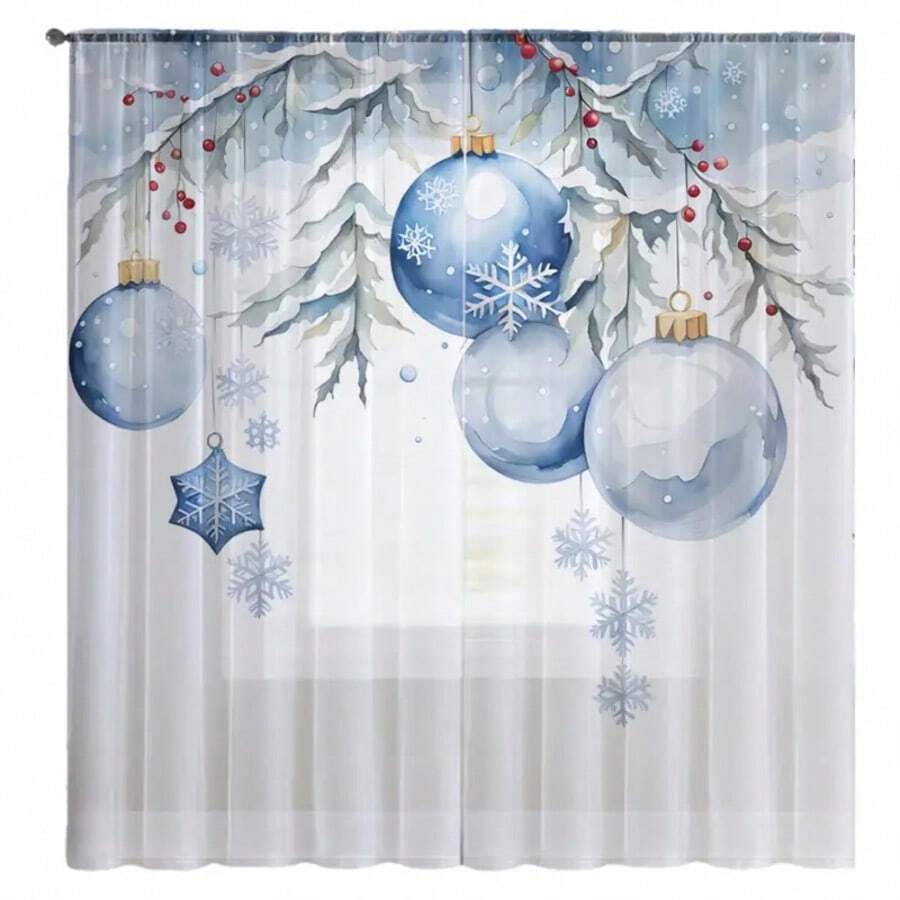 2 件蓝色圣诞球飘逸薄纱窗帘，适用于厨房、咖啡厅、客厅、餐厅、阳台、花园、卧室、咖啡店窗帘、室内窗帘、艺术设计、透明窗帘、印花设计、轻质材料、悬挂窗帘、装饰性纱布窗帘、咖啡店老板、节日装饰 - 彩色 - 查看 1