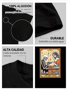 Camisetas casuales para hombres de 250g algodón puro grueso y cómodo con estampado de calavera haciendo uñas en estilo de tarot "The Nail Tech" - Negro - Ver 3