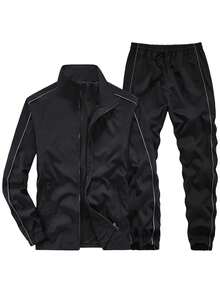 一套男士白色简约拉链外套和抽绳腰带束脚裤运动休闲套装