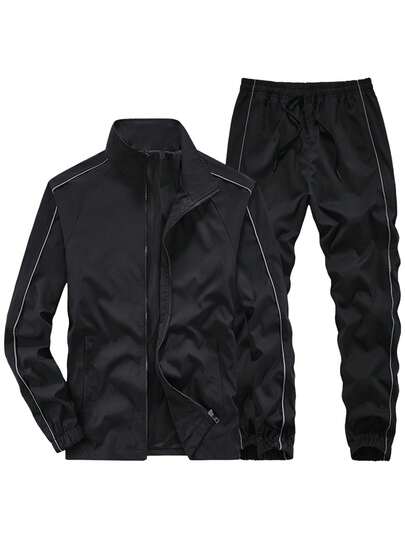 一套男士白色简约拉链外套和抽绳腰带束脚裤运动休闲套装