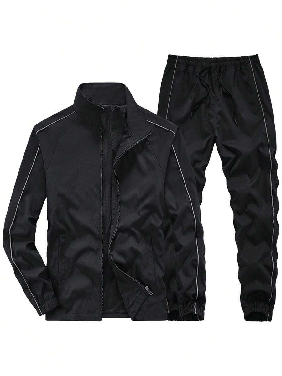 一套男士白色简约拉链外套和抽绳腰带束脚裤运动休闲套装